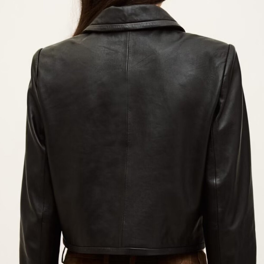 ba&sh Alexia Structured Cropped Leather Jacket in Black With Button Closure - Picture 2 of 12